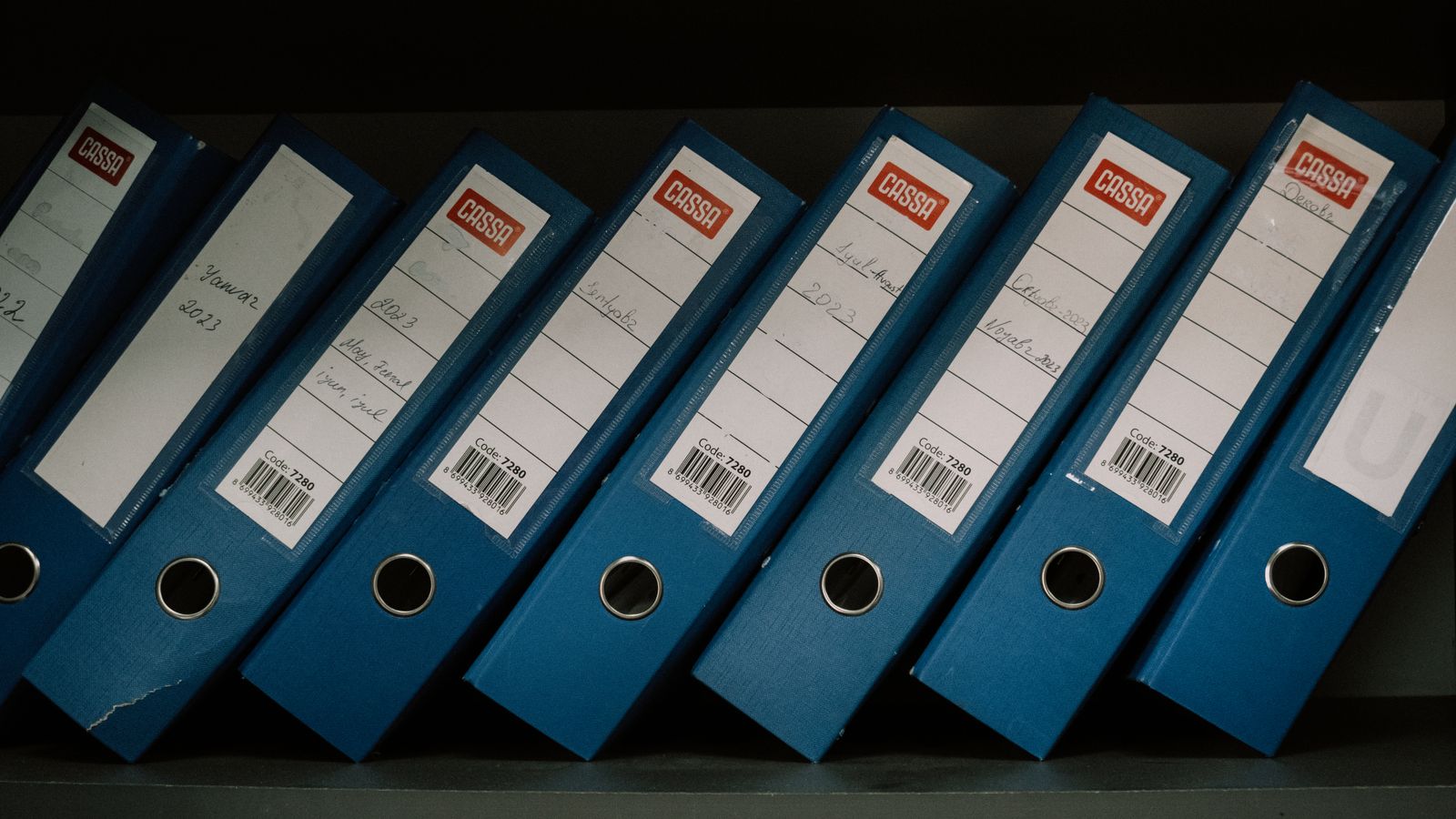 A row of blue office binders labeled with dates, neatly arranged on a shelf.